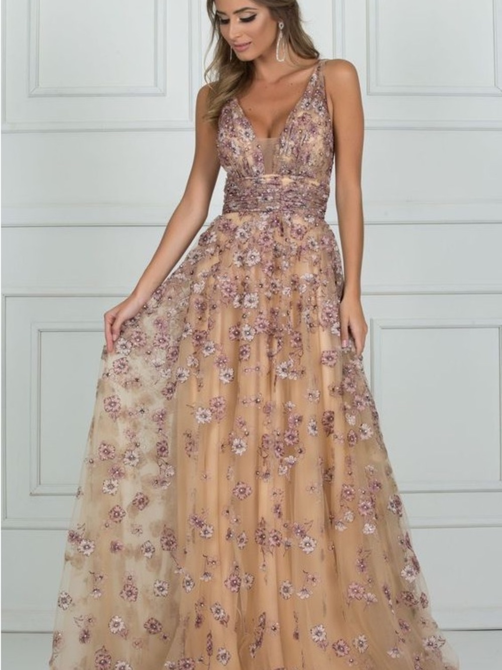 Jovani Floral Embellished V-Neck Maxi Gown in Blush and Gold